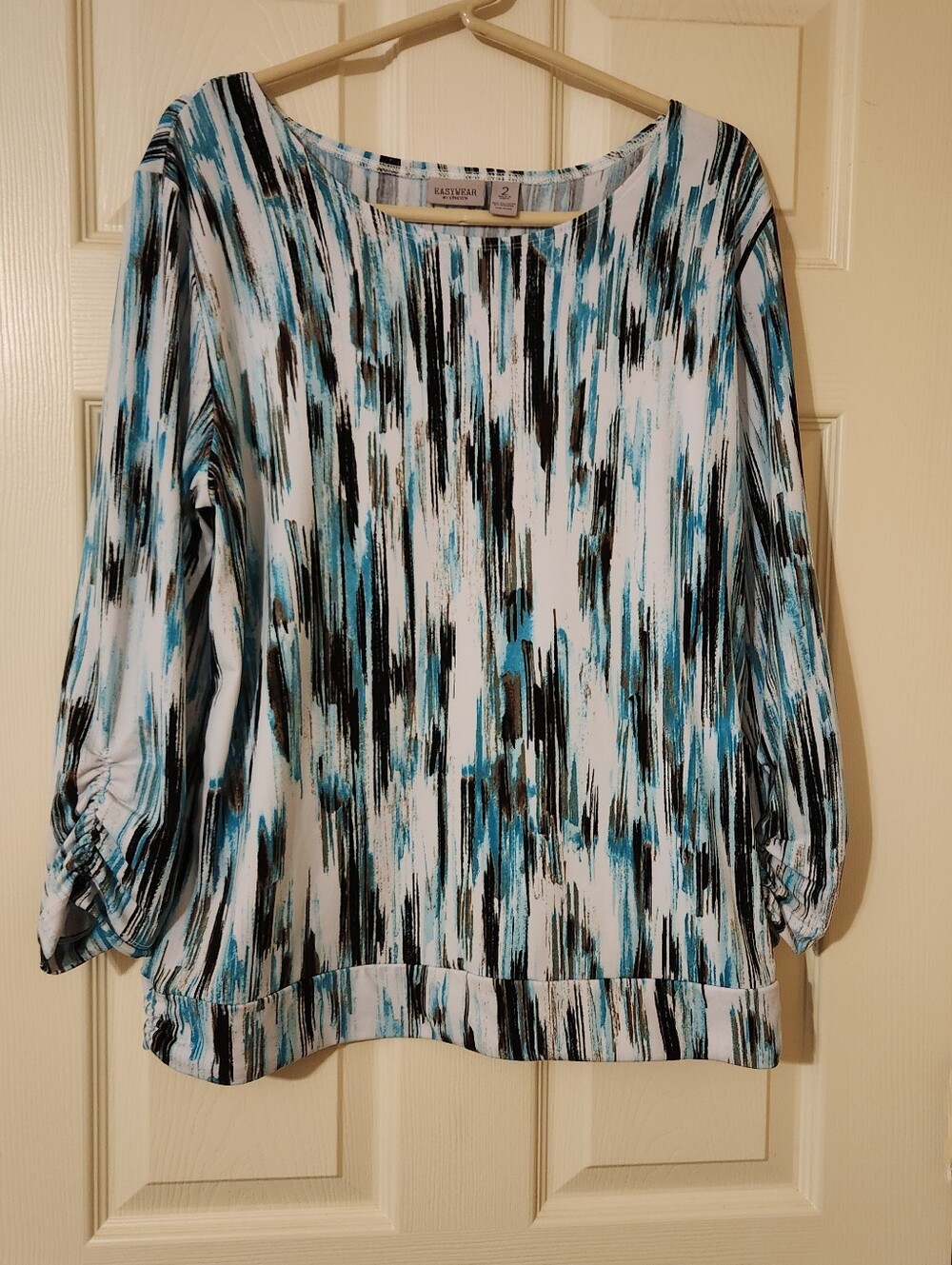 Chico's Easywear 2 Size L Round Neck Long Ruched Sleeve Pullover Top Career Work